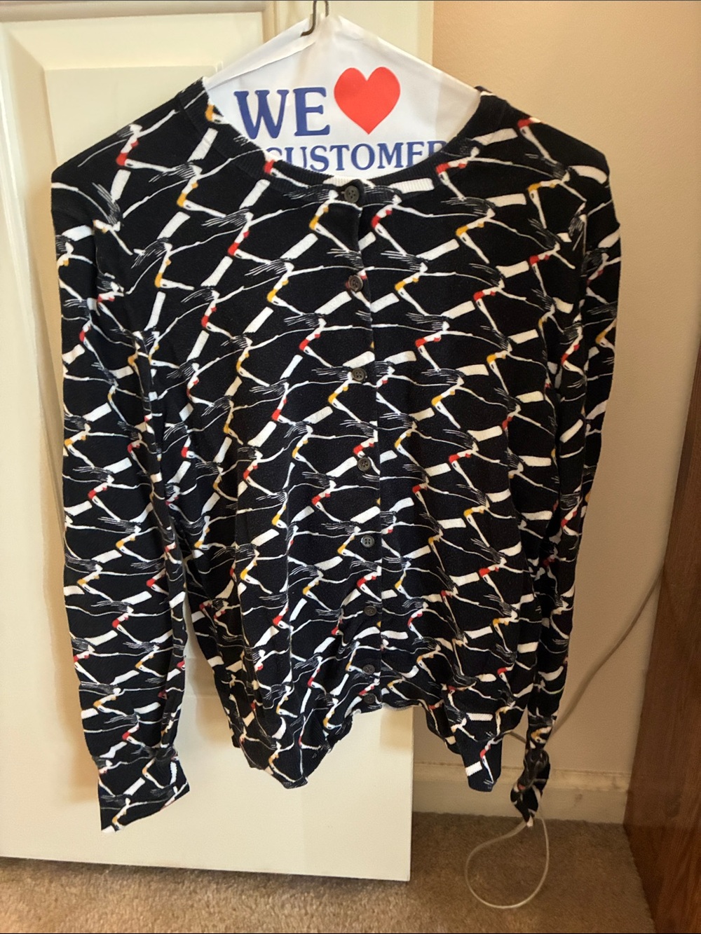 J. Crew Black Button-Front Cardigan with Red and Yellow Accent Print